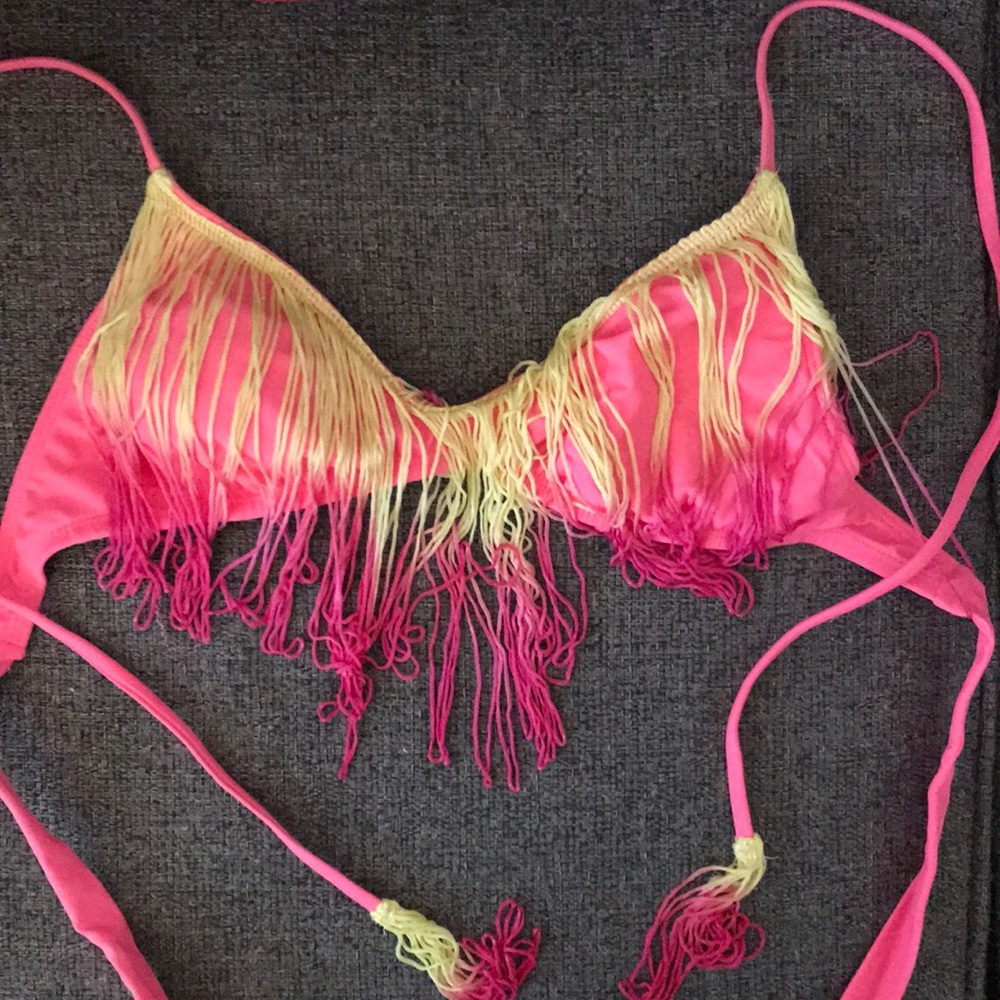Bikini lab pink & yellow fringe bikini top